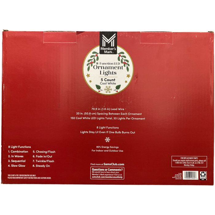 Member's Mark Jumbo Mercury Ornament LED Lights, 6.6' Length, Cool White, 5ct