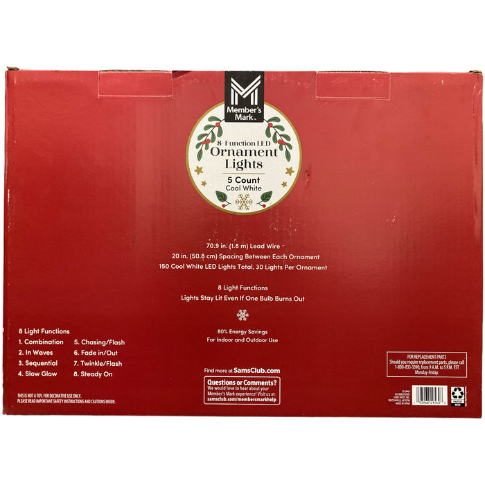 Member's Mark 5ct Jumbo Mercury Ornament LED Lights, 6.6' Length, Cool White