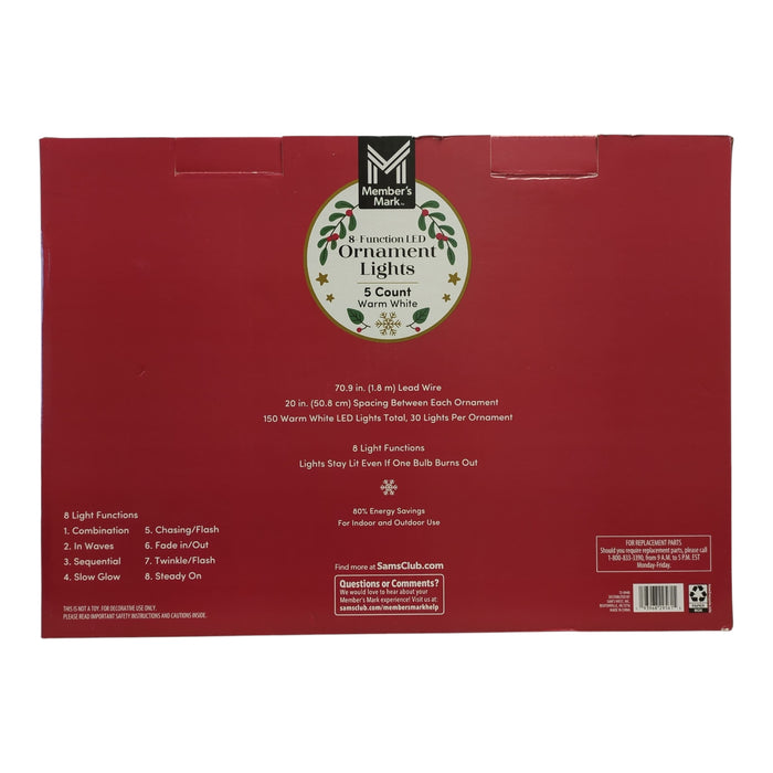 Member's Mark 5ct Jumbo Mercury Ornament LED Lights, 6.6' Length, Warm White