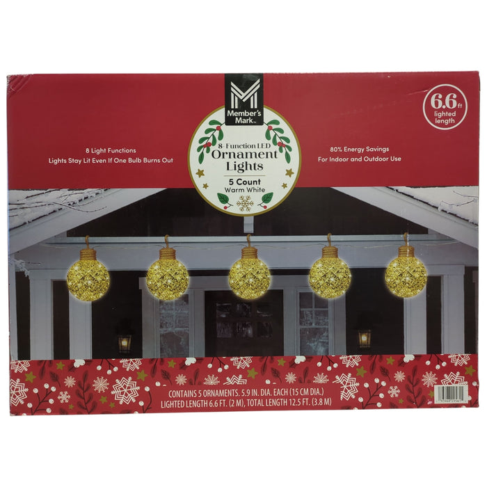 Member's Mark 5 Count Jumbo Mercury Ornament LED Lights, 6.6' Length, Warm White