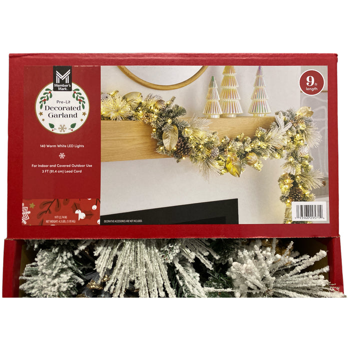 Member's Mark 140 Warm White LED Pre-Lit Decorated & Flocked Garland, 9ft