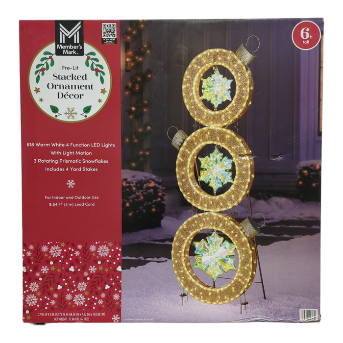 Member's Mark 6ft Warm White LED Pre-Lit Stacked Ornament Decor, Gold