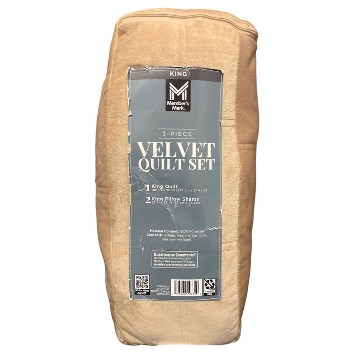 Member's Mark 3 Piece Soft Box Quilted Velvet Bedding Set with Shams, King Size