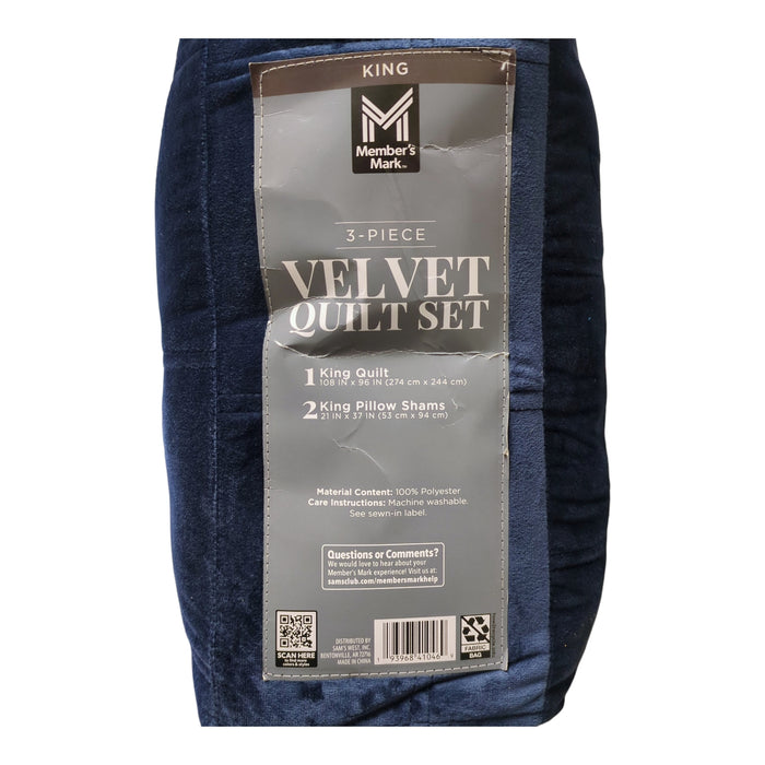 Member's Mark 3 Piece Soft Box Quilted Velvet Bedding Set with Shams, King Size
