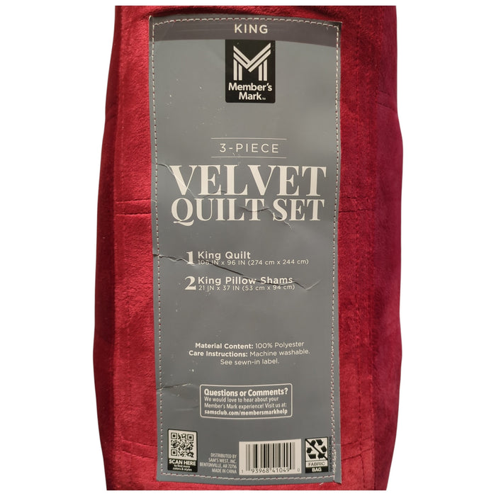 Member's Mark 3 Piece Soft Box Quilted Velvet Bedding Set with Shams, King Size