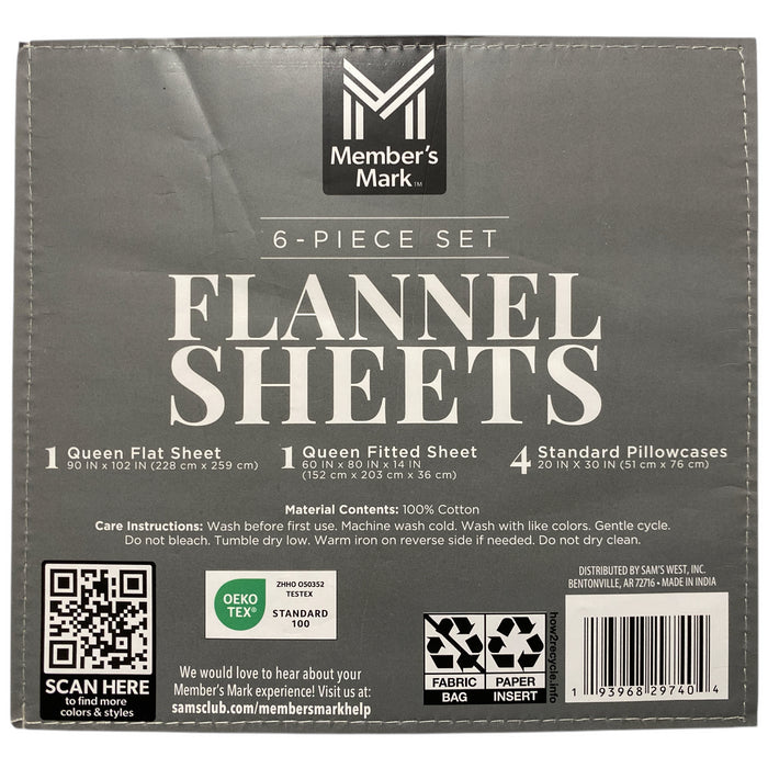 Member's Mark Cotton 6 Piece Flannel Sheet Set with Pillowcases, Queen
