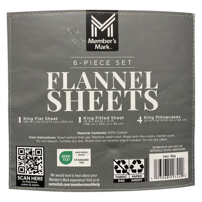 Member's Mark Cotton 6 Piece Flannel Sheet Set with Pillowcases, King