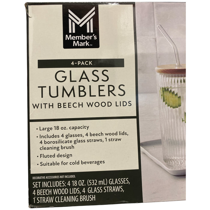 Member's Mark Glass Tumblers with Beech Wood Lids & Glass Straws, 4pk