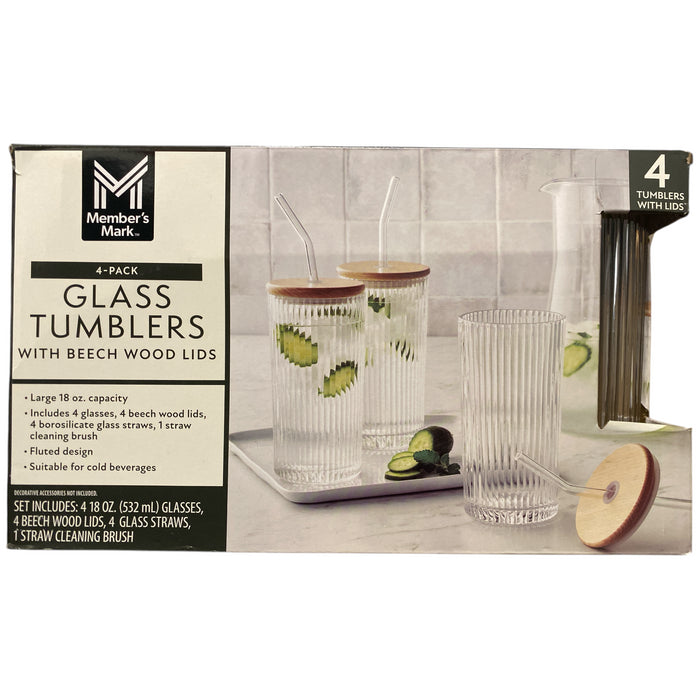 Member's Mark Glass Tumblers with Beech Wood Lids & Glass Straws, 4pk