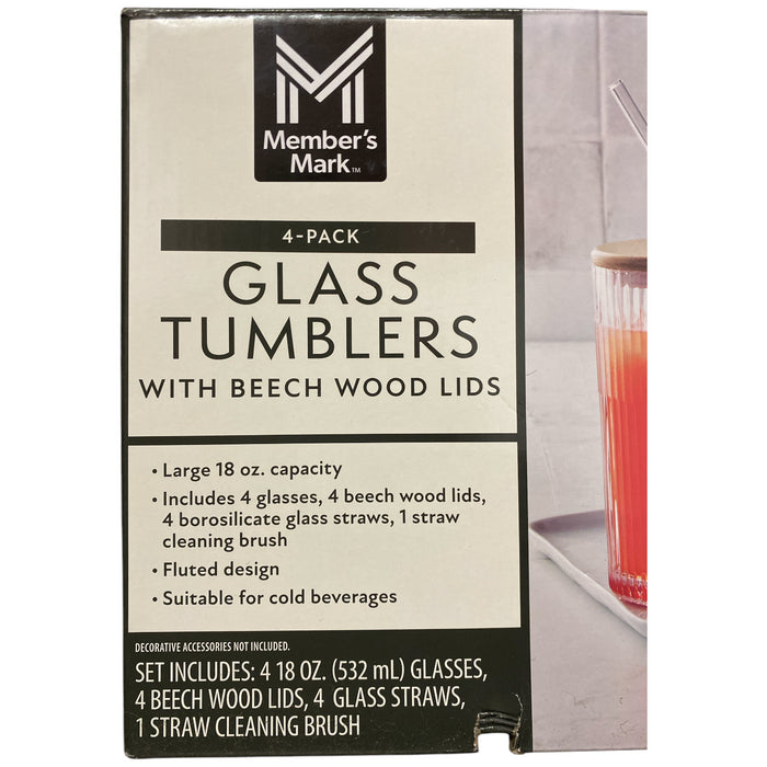 Member's Mark Glass Tumblers with Beech Wood Lids & Glass Straws, 4pk