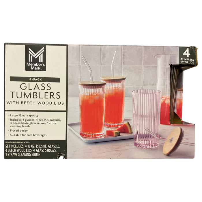 Member's Mark Glass Tumblers with Beech Wood Lids & Glass Straws, 4pk