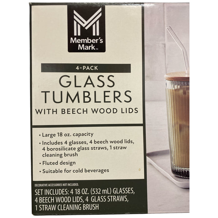 Member's Mark Glass Tumblers with Beech Wood Lids & Glass Straws, 4pk