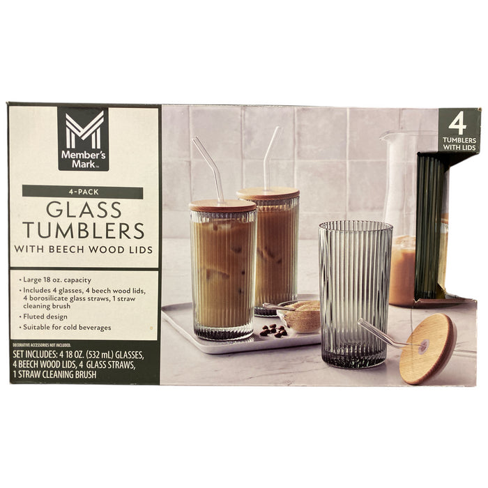 Member's Mark Glass Tumblers with Beech Wood Lids & Glass Straws, 4pk