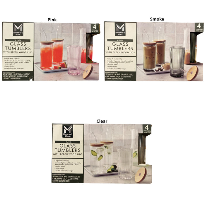 Member's Mark Glass Tumblers with Beech Wood Lids & Glass Straws, 4pk