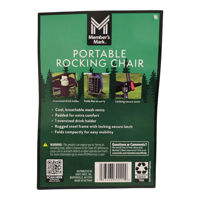 Member's Marks Folding Rocking Chair Camping Portable, Black
