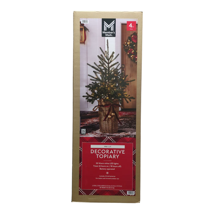 Member's Mark Warm White LED Pre-Lit Topiary in Woven Basket, 4ft