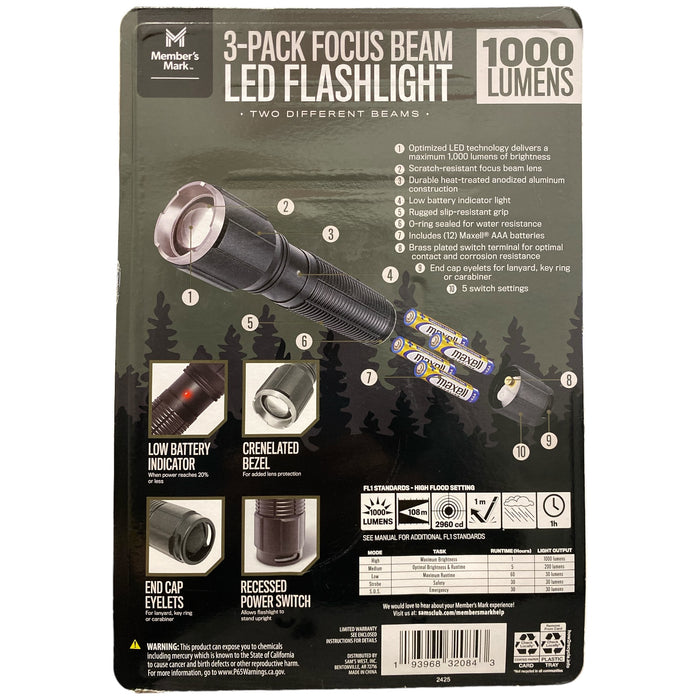 Member's Mark 5 Power Settings 1000 Lumen LED Flashlight, 3pk