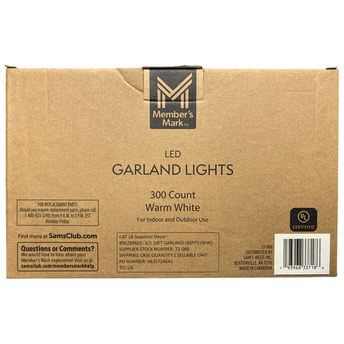 Member's Mark 150ct LED Garland Lights, 10' Lighted Length, Warm White, Set of 2