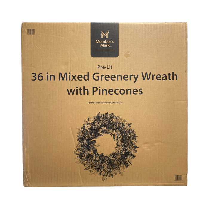 Member's Mark 36" LED Pre-Lit MIxed Greenery Wreath with Pine cones