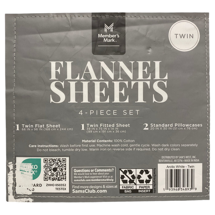 Member's Mark Cozy Soft & Warm 4pc Flannel Sheet Set, Arctic White, Twin