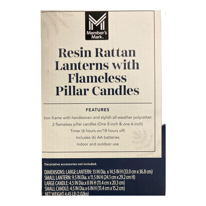 Member's Mark Set of 2 Resin Rattan Lanterns with Flameless Pillar Candles