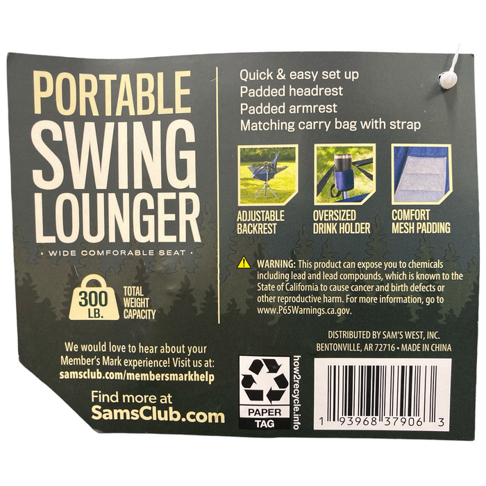 Member's Mark Wide Seat Portable Swing Lounger with Storage Bag, Blue