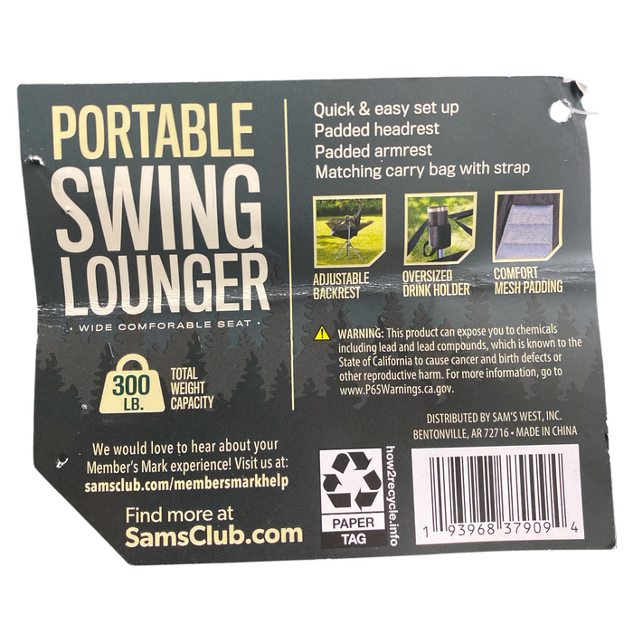 Member's Mark Wide Seat Portable Swing Lounger with Storage Bag, Black