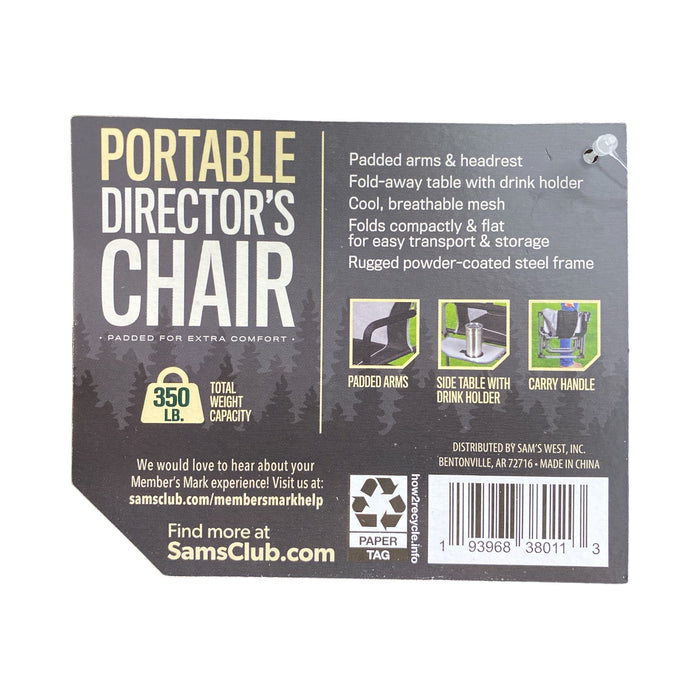 Member's Mark Portable Director's Chair, Side Table, Steel Frame, 350lbs Cap