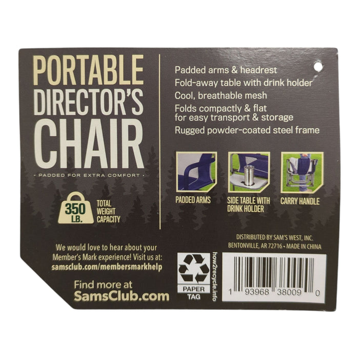 Member's Mark Portable Director's Chair, Side Table, Steel Frame, 350lbs Cap