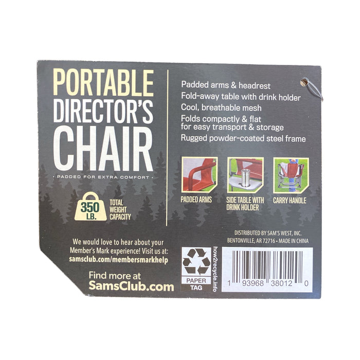 Member's Mark Portable Director's Chair, Side Table, Steel Frame, 350lbs Cap
