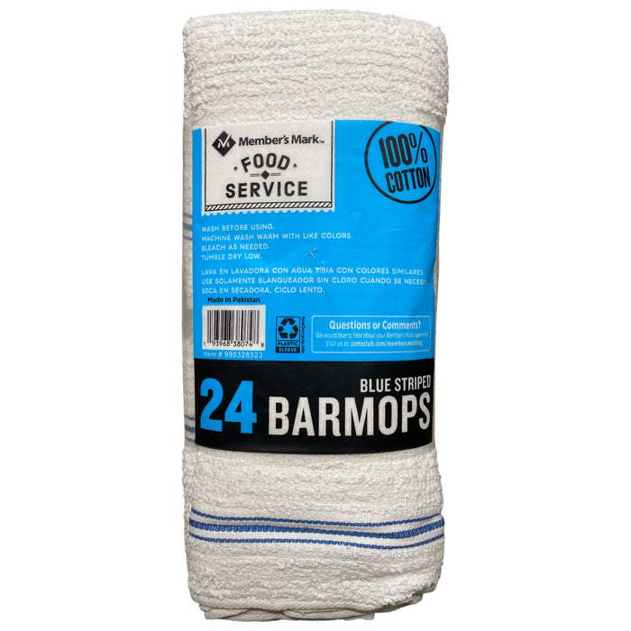 Member's Mark Cotton Bar Mop Towels, 16" x 19", White/Blue Stripe, 24 ct