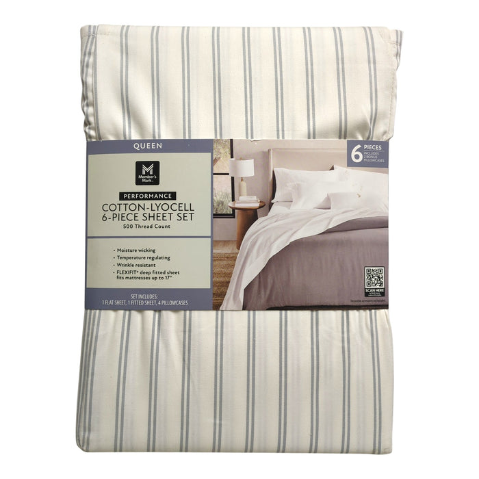 Member's Mark 500TC Performance Cotton-Lyocell Striped Sheet Set, 6 Piece, Queen