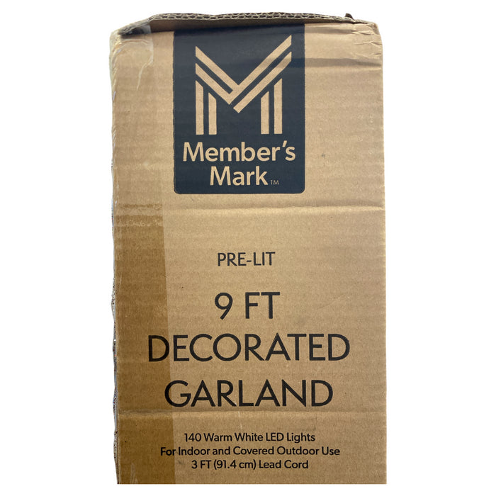 Member's Mark 140 Warm White LED Pre-Lit Decorated Garland, 9ft, Red