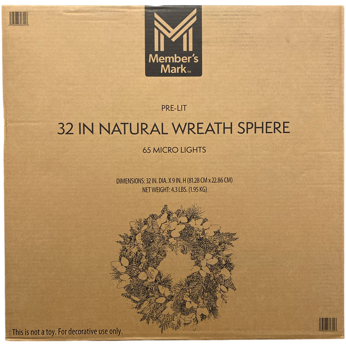 Member’s Mark 65 Warm White LED Pre-Lit Natural Wreath Pinecones & Berries, 32"