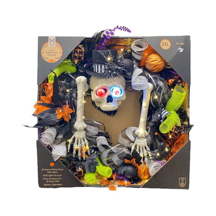 Member's Mark 26" Pre-Lit 50 Warm White LED, & RGB Eyes Fun Skeleton Wreath