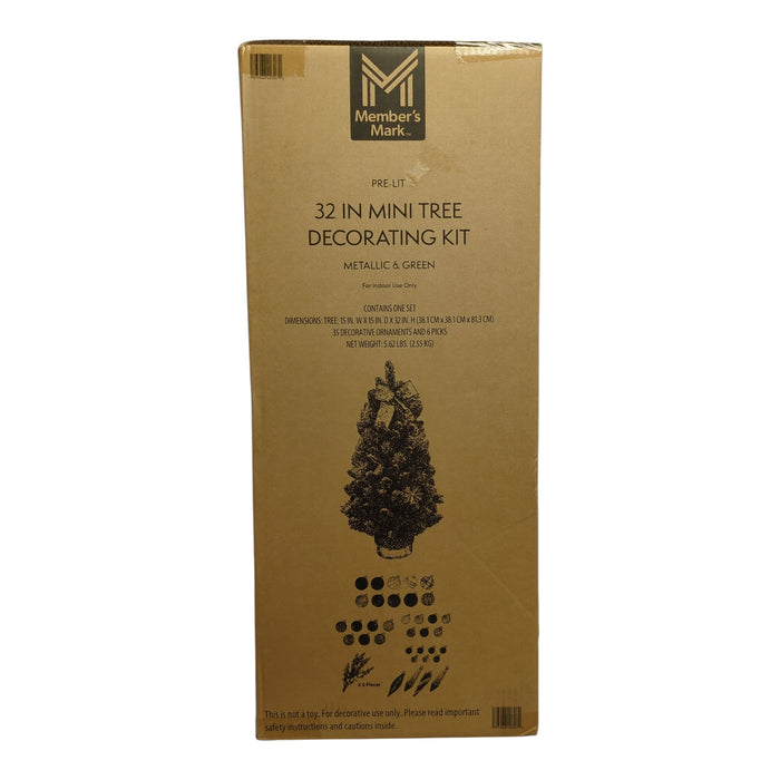 Member's Mark Pre-Lit 32 Inch 42-Piece Mini-Tree Decorating Kit, Metallic/Green