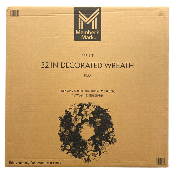 Member's Mark 32" Decorated Wreath with 70 Warm White LED Lights, Red