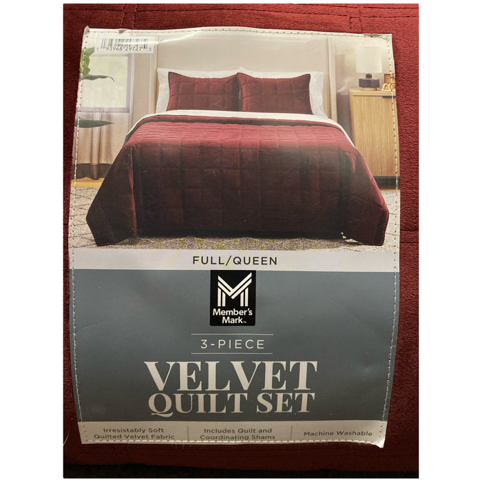 Member's Mark 3 Piece Soft Box Quilted Velvet Bedding Set with Shams, Full/Queen