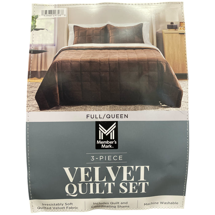 Member's Mark 3 Piece Soft Box Quilted Velvet Bedding Set with Shams, Full/Queen