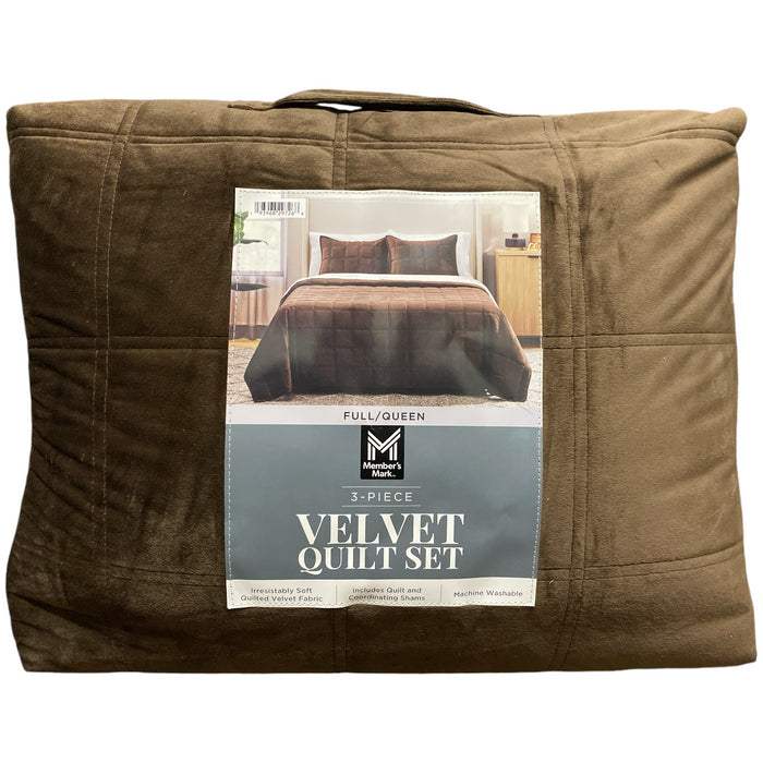 Member's Mark 3 Piece Soft Box Quilted Velvet Bedding Set with Shams, Full/Queen