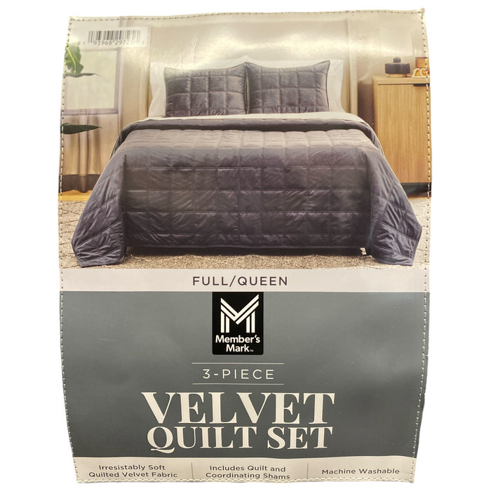 Member's Mark 3 Piece Soft Box Quilted Velvet Bedding Set with Shams, Full/Queen