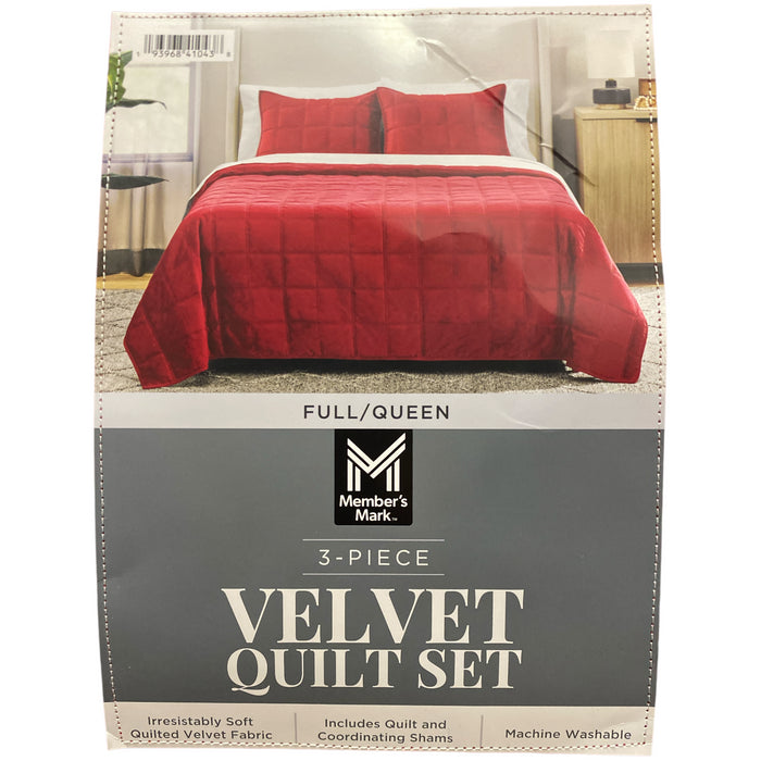 Member's Mark 3 Piece Soft Box Quilted Velvet Bedding Set with Shams, Full/Queen