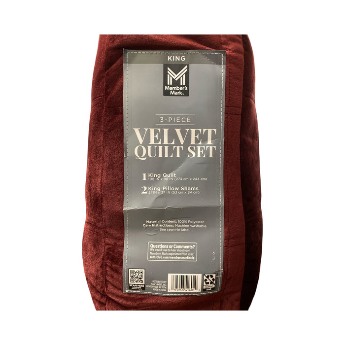 Member's Mark 3 Piece Super Soft Velvet Quilt Set, King Size, Burgundy