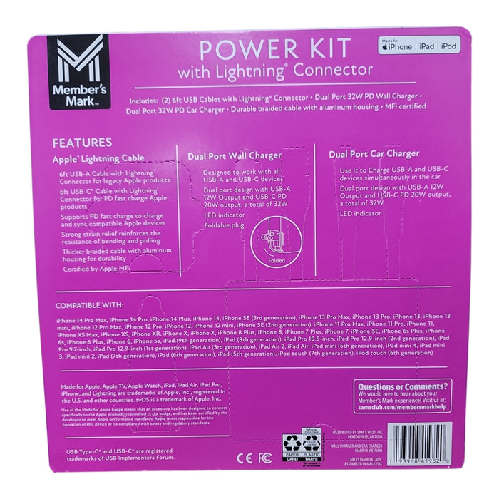 Member's Mark Power Kit with Lightning Connector & Cables and Wall/Car Charger