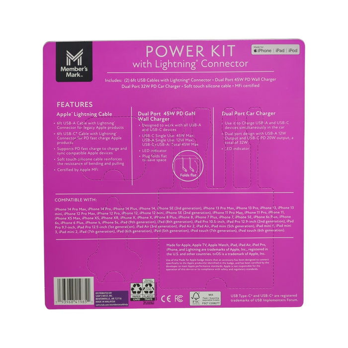 Member's Mark Power Kit 45W Lightning PD Charger & Cable Kit, White