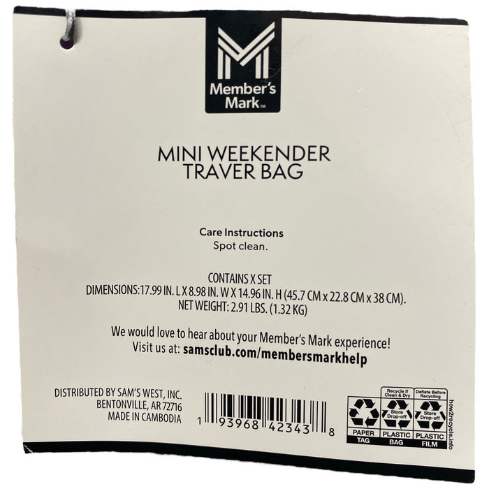 Member's Mark Mini Canvas Weekender Travel Bag with Removable Shoulder Strap