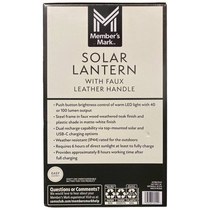 Member's Mark Porte LED Solar Table/Floor Lantern, Faux Leather Handle