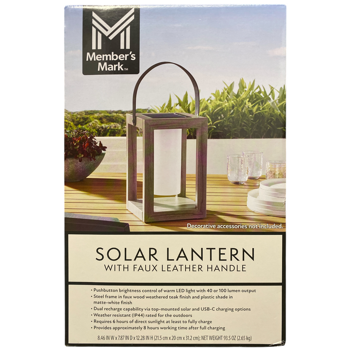 Member's Mark Porte LED Solar Table/Floor Lantern, Faux Leather Handle