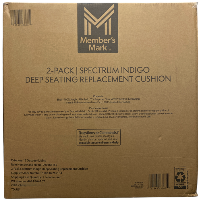 Member's Mark Sunbrella Deep Seating Cushion 2-Pack, Spectrum Indigo