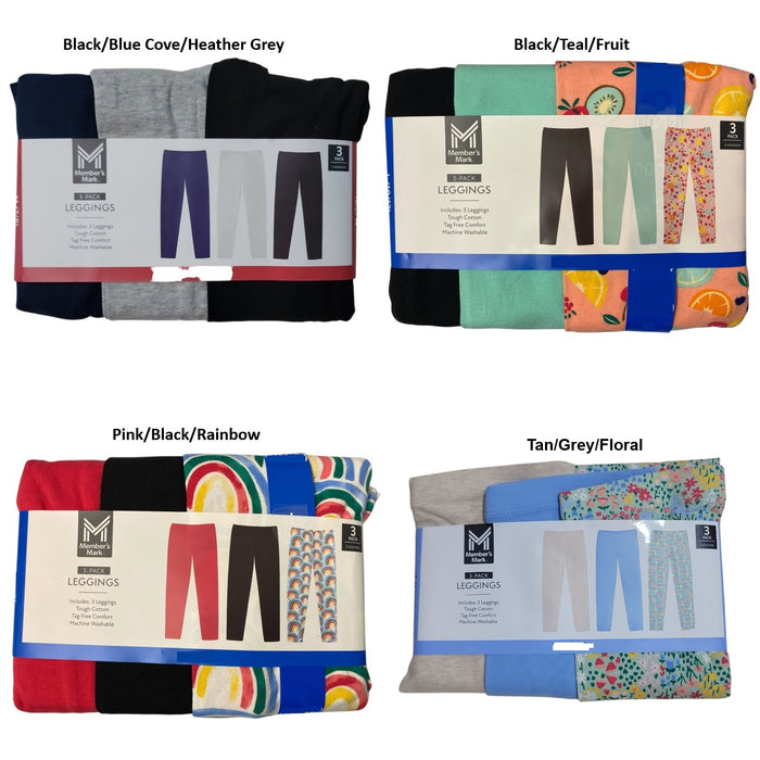 Member's Mark Girls 3-Pack Elastic Waistband Cotton Leggings